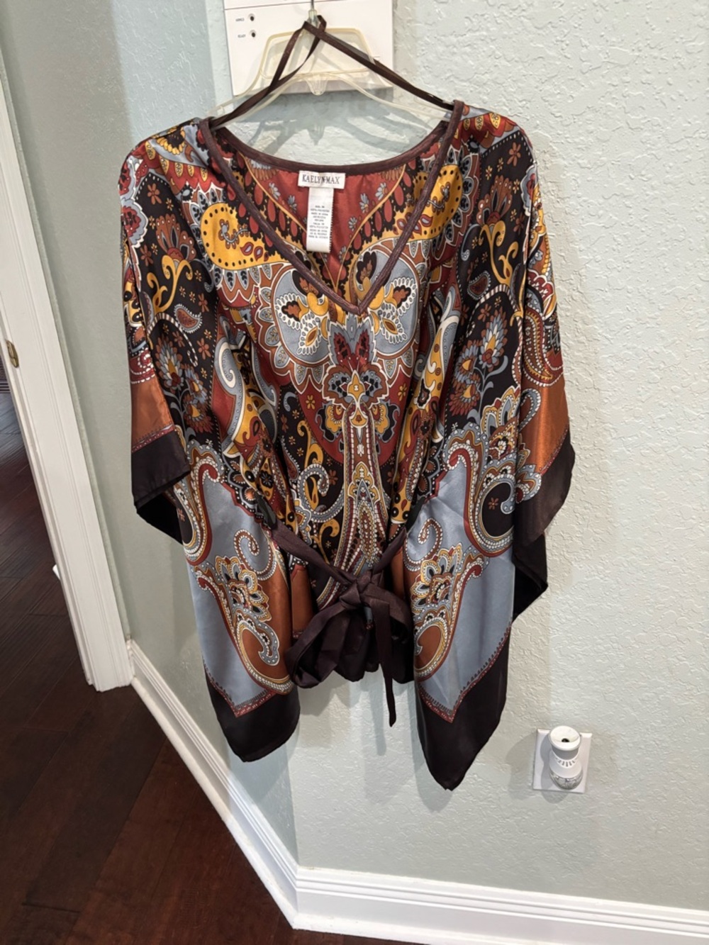 Boho Paisley Belted Peasant Top - Brown Multi batwing sleeve